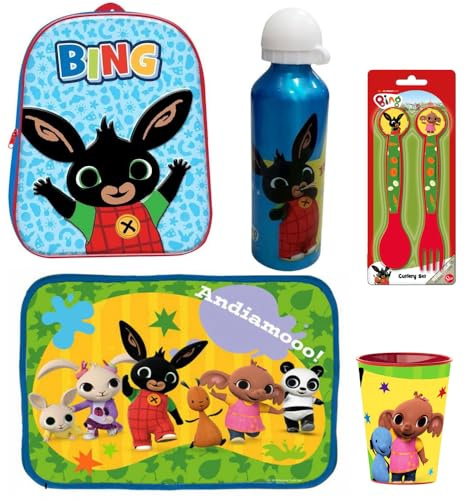 Bing Bunny Set Asilo 5 Pezzi, Zaino 3D 32 cm, Borraccia in Alluminio 500 ml, Posate, Tovaglietta e Bicchiere