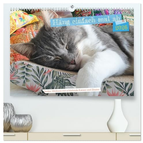 Häng einfach mal ab (hochwertiger Premium Wandkalender 2026 DIN A2 quer), Kunstdruck in Hochglanz: Schlafende Katzen und Zitate zum Träumen - Wellness für die Seele (CALVENDO Gesundheit)