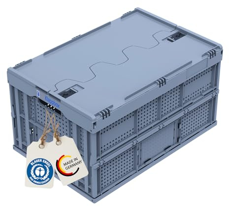 DieKlappbox - Klappbox mit Deckel faltbar stapelbar, stabile Aufbewahrungsbox & Transportbox 60L groß, Made in Germany, TÜV, verstärkter Boden, 60x40x33 cm, Hellgrau