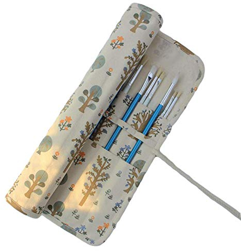 XNFIVE Künstler Pinsel Tasche, 20 Fächern Aufrollen Leinwand Pinseltasche Federmäppchen Etui Aufbewahrungstasche Stifterolle für Zeichenstift Aquarell Ölpinsel Beutel, 15 Zoll, Ohne Pinsel (Bäume)