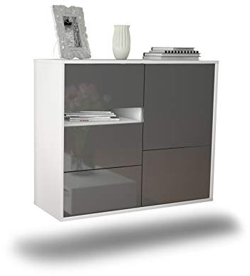 Dekati Sideboard Ontario hängend (92x77x35cm) Korpus Weiss matt - Front Hochglanz Grau - Push to Open