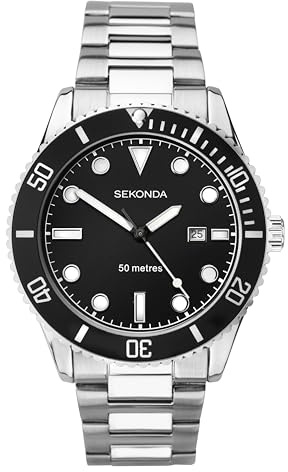 Sekonda Dive Oceans Men's 43mm Quartz Watch with Date Analogue Display and Stainless Steel Bracelet, Black/Silver, Bracelet