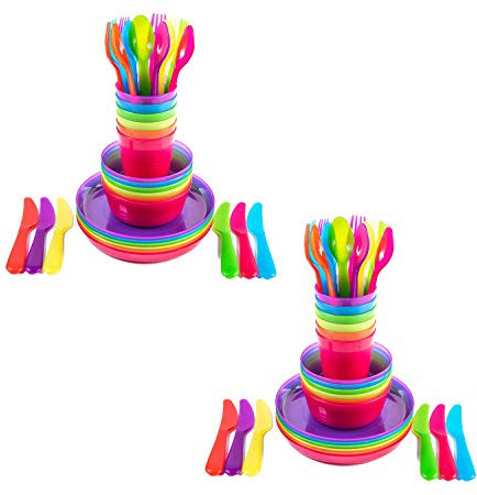 Cuddly Hippo Juego de vajilla de plástico para niños, 72 piezas multicolor (platos, cuencos, tazas y cubiertos) – reutilizable, sin BPA, apto para lavavajillas y microondas