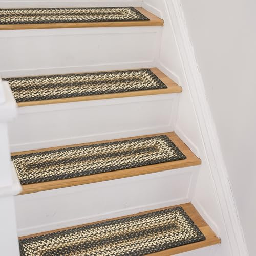 Homespice Kilimanjaro Jute Braided Stair Treads for Wooden Steps, Country Primitive Decor, Set of 13, Black and Tan 8x28 Rectangle Rug for Stairs - Easy to Clean, Tightly Stitched and Durable