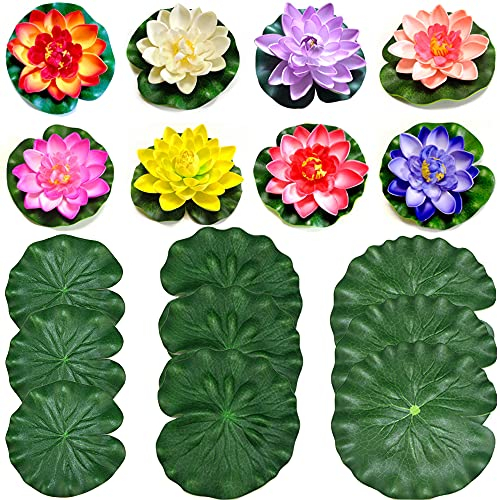 Gativs Nenuphar pour Bassin 8 pièces Nénuphars Artificiels Flottants Nénuphar Flottant Fleurs Artificielles Nénuphar Plantes Mousse pour Fleurs avec 9 Feuilles de Lotus pour Mariage Aquariums Jardin