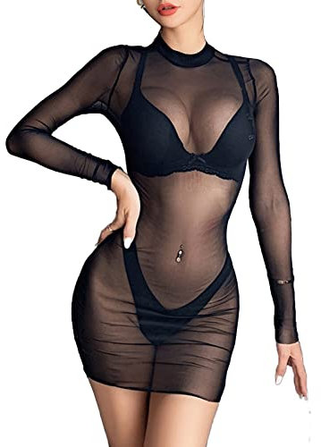 WTMFORU Women Sexy Blouse Lingerie Transparent Dress Camisole Mesh Sheer Bikini Cover Up Mini Dress Nightgown Beach Skirt Long Sleeves Round Neck Summer Top Clubwear Black, One Size
