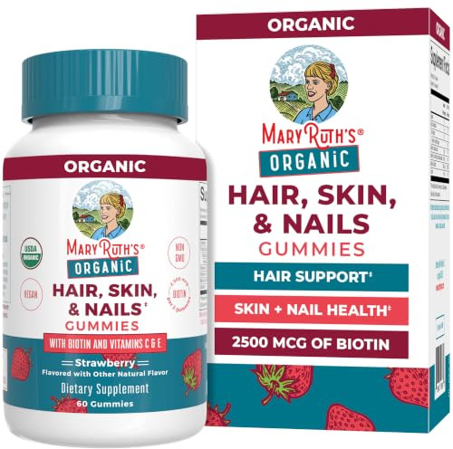 MaryRuth's Hair Skin and Nail Vitamins | USDA Organic | 2500 mcg Biotin Gummies with Vitamin C & Vitamin E | Hair Growth Vitamins | Skin Care | Nail Growth | Ages 14+ | 60 Count