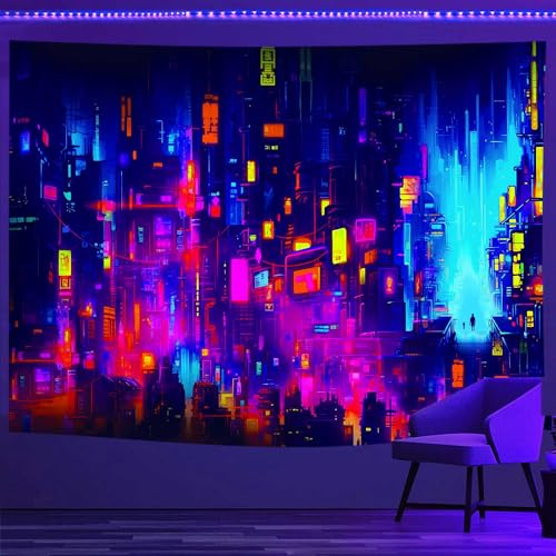 VEIVIAN Schwarzlicht-Punk-Stadtbild-Wandteppich, UV-reaktiver, japanischer Anime-Wandteppich, Neon-Futuristischer Wolkenkratzer, Stadt-Stil, Landschaft, Dekoration, 152x101 cm