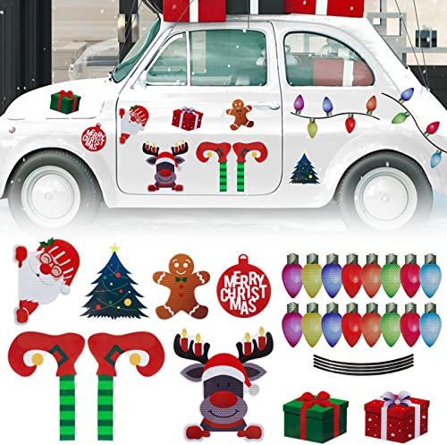 BETESSIN 28Pcs Auto Aufkleber Weihnachten Deko Magnet Kühlschrank Reflektierend Sticker Magnetisch Weihnachtsdeko Glühbirnen Weihnachtsmann Auto Deko Partydeko für Eisen-Oberfläche Tür Briefkasten