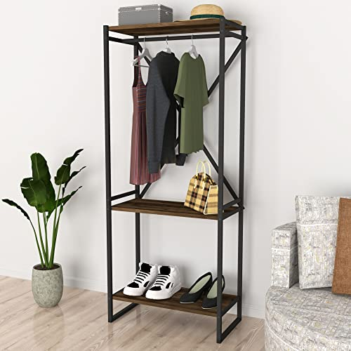 [en.casa] Kleiderständer Ulstein mit Kleiderstange 3 Ablagen Garderobenständer Eiche-Optik antik offener Kleiderschrank Schlafzimmer Standgarderobe Metallgestell