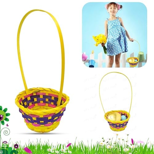 Geflochtener Osterkorb aus Stroh mit Tragegriff, ideales Zubehör für die Eiersuche, perfekt für Süßigkeiten, Süßigkeiten und Osterspielzeug, Größe 40 cm, Gelb