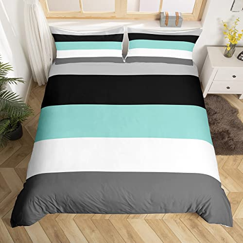 Homewish Geometric Striped King Size Duvet Cover Set with 2 Pillowcases - 100% Soft & Breathable Polyester, Zip Closure - Teal Black Gray Bedding - Modern Simple Pattern with Black Reverse