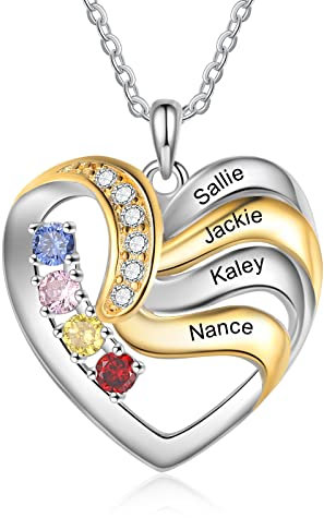 Jeweidea Personalisierte Herz-Gravur-Kette mit Geburtsstein für Frauen und Mütter - Namenskette als Mama-Anhänger-Geschenk
