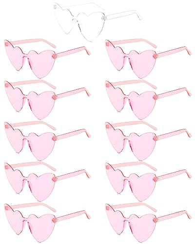 11 Paar Randlose Sonnenbrillen in Herzform, rahmenlose Herz-Sonnenbrillen, transparente, bonbonfarbene Gläser, getönte Brillen, Junggesellenabschiedsgeschenke, Flugzeugbox, gut verpackt