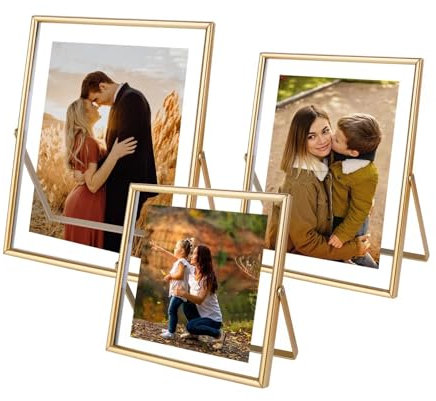 3er Set Gold Schwebender Bilderrahmen für Fotogrößen (15,2 x 20,3 cm, 12,7 x 17,8 cm, 10,2 x 15,2 cm), Metallglas, schwebender Rahmen, vertikaler Tischständer, schwarzer Bilderrahmen, Heimbüro oder