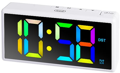 Trevi EC 886 Digitaler Wecker mit großem LED-Display, mehrfarbiger elektronischer Klingelton, Schlummerfunktion und Dimmfunktion, USB-Buchse zum Aufladen von Geräten, Weiß