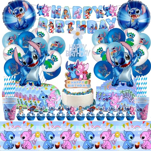 103 Pcs Decoracion Cumpleaños Stitc, Globos Cumpleaños Stitc, Globo Helio Stitc, Vajilla Fiesta Stitc, Platos y Vasos Fiesta, Decoracion Tarta, Servilletas Stitc, Fiesta Infantil Globos Vajilla Kit