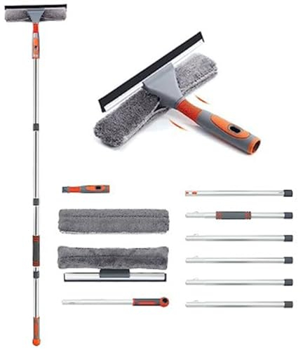 Kit de Limpieza de Cristal, Rasqueta de Cristal Profesional, Rasqueta de Cristal con Mango ExtraíBle Acero Inoxidable, Kit Limpieza de Ventanas Plumero Herramientas telescópicas de Limpieza de Vidrio