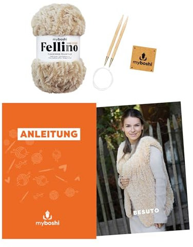 myboshi Strickset Weste Besuto, Strickset für Anfänger, inkl. Fellino Fellgarn, Rundstricknadel, Anleitung und Label, 100% Polyester, Beige mit Rundstricknadel