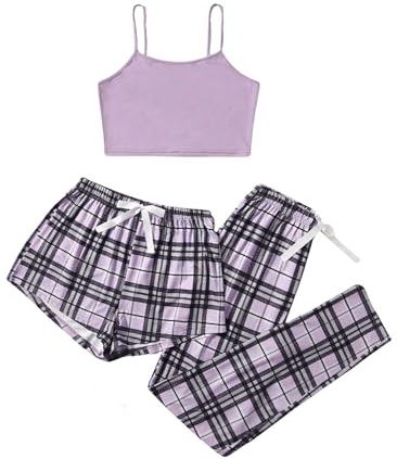 GORGLITTER Damen 3er Set Cami Schlafanzug Plaid Pajamas Set Nachtwäsche Schlafhose Kariert Schlafanzüge Hausanzug Schwarz und Violett S