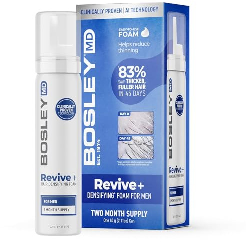BosleyMD Men's Revive+ Densifying Treatment Foam – Drug Free Hair Growth Support & Thickening – AI Powered Y100 Technology with Biotin & Saw Palmetto – Results in 45 Days – 2 Month Supply / 2.11 Oz