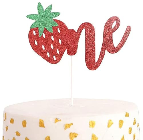1 decoración para tarta de fresa para primer cumpleaños, decoración de pastel de fresa con purpurina roja para primer cumpleaños, decoración de pastel de fresa para baby shower, niños, suministros de