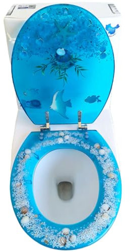 Siège de toilette qui ne se desserre jamais, siège de toilette allongé avec couvercle en coquillage transparent, siège en résine Ocean Series, facile à nettoyer et à installer, bleu