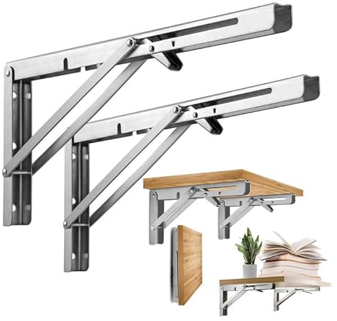 Escuadras Abatibles, 2 Piezas Soporte de Estante Plegable Soportes Pared Mesa de Acero Inox Flotante Bisagras Escuadras para Estanterias Bricolaje (6 Inch)