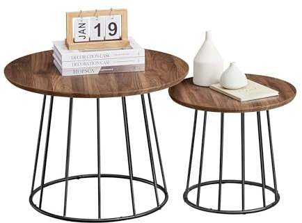 VASAGLE Round Coffee Tables Set of 2 Moderner Beistelltisch mit Stahlrahmen, rund, für Wohnzimmer, Schlafzimmer, MDF (mitteldichte Faserplatte), Stahl, Nussbaum Natur