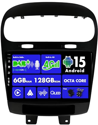 SXAUTO Android 15 [Built-in 4G & DAB] 6G+128G - Autoradio für Fiat Freemont Dodge Journey Leap (2012-2020) - Dual Band WiFi - CarPlay Android Auto - Kamera + MIC - Lenkradsteuerung - QLED 9 Zoll 2 Din