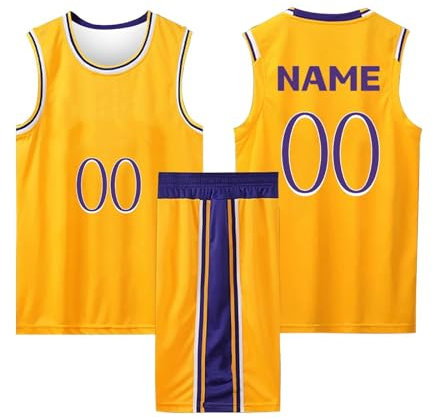 2-Teiliges Benutzerdefiniert Basketball Trikots Kinder/Erwachsener mit Namen Nummber Basketball Trikots Shirt und Shorts, Personalisierte Basketball Trikots Kinder/Erwachsener Gelb 2XS