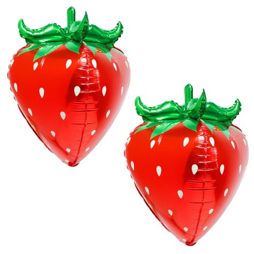 KOBOKO Erdbeer Deko Folienballon Geburtstag, 2 Stück 4D Erdbeer Luftballons Blumen Deko Geburtstag, Erdbeerballon Party Deko, Erdbeere Deko Kindergeburtstag Erdbeere Ballons für Mädchen Babyparty