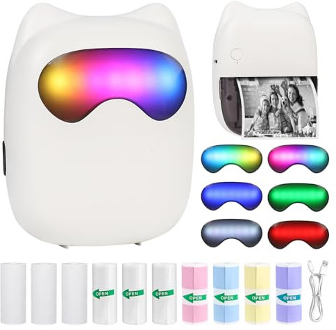 Ambesty Mini Impresora para Movil, Impresora Fotográfica con 10 Rollos de Papel, Portátil Mini Impresora Bluetooth Inalámbrico Impresora Térmica, Movil Impresora Fotos con LED de 7 Colores