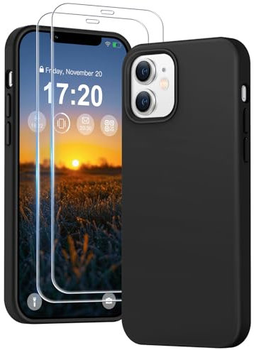 PuyaTeya 3 in 1 Hülle für iPhone 12/12 pro, mit 2 Stück 9H Panzerglas Premium Liquid Silikon Hülle, mit 4-Layer stoßfesteabriebfestes, Soft Mikrofaserfutter hülle für iPhone 12/12 pro (Tiefschwarz)