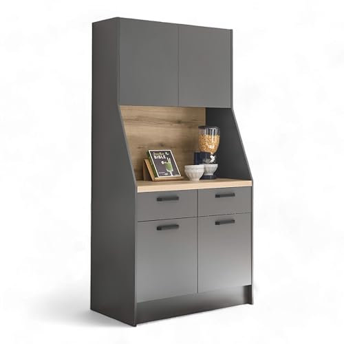 Stella Trading Mykonos Buffetschrank in Graphit, Evoke Eiche Optik FSC-Zertifiziert - Geräumiger Küchenschrank mit Arbeitsplatte - 103 x 205 x 58 cm (B/H/T)