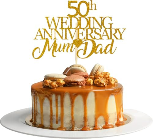 50th Wedding Mum & Dad Glitter Card Cake Topper Golden Anniversary Toppers (GOLD)