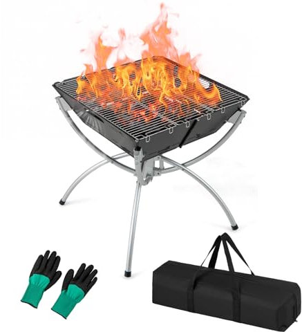 GOPLUS 3 in 1 Feuerstelle Outdoor, multifunktionale Feuerschale mit Edelstahlgrill, Aluminiumbeinen, Handschuhe, Tragtasche, Feuerkorb klappbar tragbar für Garten Terrasse Camping Grill, 45x45x49 cm