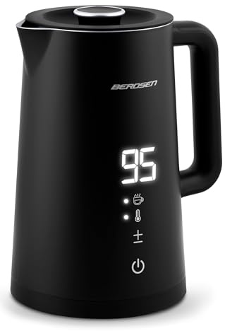 Berdsen Wasserkocher Edelstahl 1,7 L Fassungsvermögen Temperaturwahl Temperatureinstellung Touchpanel Warmhaltefunktion 2200 Watt Doppelwand Pirouettenbasis Wasser Kocher Leise Schwarz