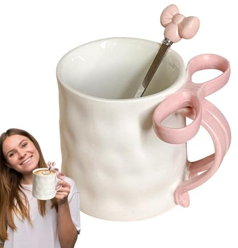500ml Charming Ribbon Mugs with Bow Handle, Bow Coffee Mug, Ribbon Bow Handle Mug Ceramic Cup with Coffee Spoon,Charming Ribbon Mug,for Hot Chocolate, Coffee, Hot Drinks, Friends, Family