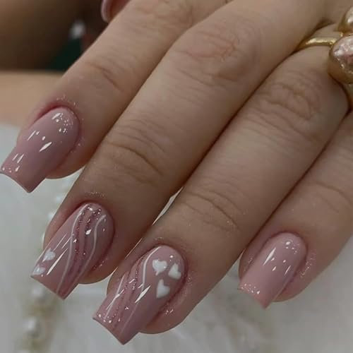 24 Pink Glittery Swirl Square False Nails with White Heart Accent - Stick on, Removable, Full Cover for Women