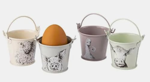 Set of 4 Tin Farmyard Egg Cups/Pails/Buckets - Pig, Goose, Sheep & Cow - Pastel Shades - 4.5 cm