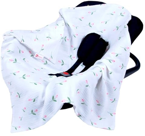 Babylux Einschlagdecke für Babyschale Autositz 80x80 cm – Sommer Babydecke aus Musselin Baumwolle – Atmungsaktiv, mit Gurtschlitzen (D8 Tulpen)