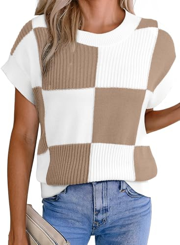 EVALESS Fall Sweaters for Women 2026 Round Neck Short Sleeve Sweater Vests Trendy Color Block Knit Cap Sleeve Blouses Tops Womens Spring Winter Outfits Fashion Clothes Khaki Medium
