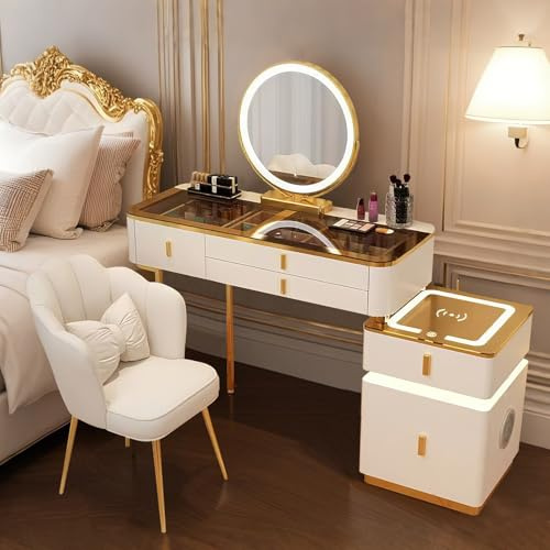 Generisch Große Schminktisch 100CM/80CM, Kosmetiktisch mit Spiegel 3 Einstellbare Helligkeiten, Frisiertisch mit Schubladen und Speichertischbeine Make up Tisch Set Schminktisch (Weiß + Gold, 100cm)