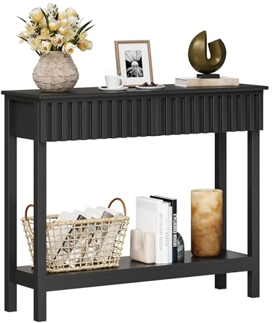 Trironsun Narrow Fluted Console Table with 2 Drawers and Open Shelf Modern Painted Wood Sofa Table for Hallway, Living Room or Behind Couch (Black)