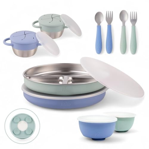 Elk and Friends Kids Stainless Steel Mealtime Suction Bundle | 10pc Set | Toddler Dinner Set | Silicone Suction Sleeves | 7.8 Plates, Bowls, Snack Cups, Utensils | Travel Lids | Dishwasher Safe