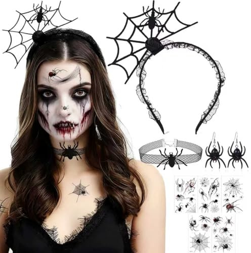 Halloween Spinne Haarreif,Haarreif Fasching Damen Halsketten Spinnen,Haarreifen Spinne Party accessoires,Spinnennetz Chocker Stirnband Halloween für Karneval Maskerade Fasching Cosplay Dress-up