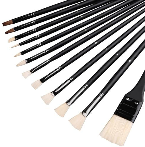 Diverse Art Brushes, 12 Pcs Oil Paint Brush Set, Black Handles with High Durability, Includes Storage Case, for Acrylic Oil Watercolor Painting