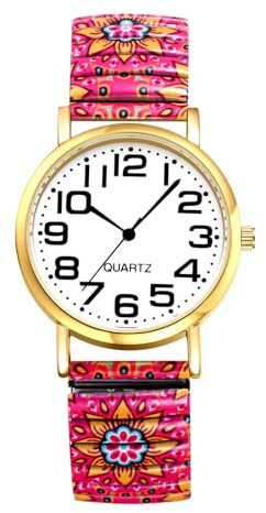 JewelryWe Damenuhr Boho Elastische Uhren Bohemian Stil Analog Quarz Armbanduhr Damen Senioren Edelstahl Stretcharmband Uhr mit Bunt Zugarmband und Großen Zahlen