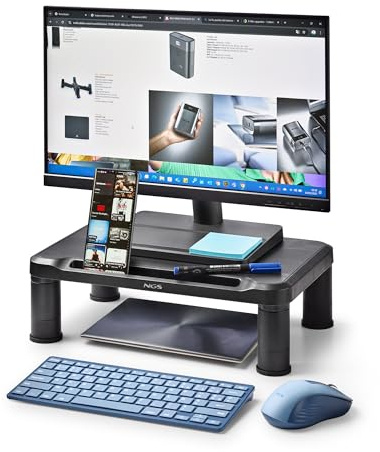 NGS Screen Stand - Soporte Elevador para Monitor, 3 Alturas ajustables | Pies antideslizantes y hueco inferior. Eleva el monitor a altura ergonómica. Soporta hasta 20 kg. 38 × 24 × 11,4 cm.
